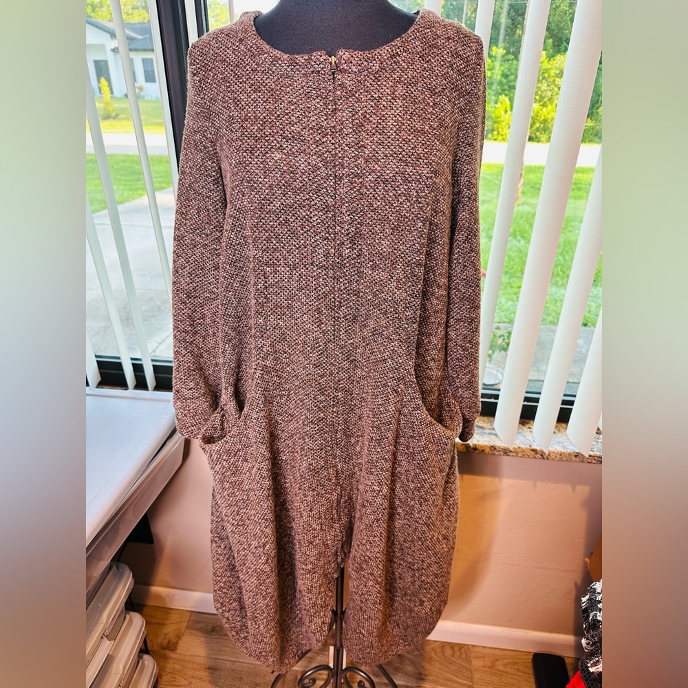 Ou Fei Women's Brown Sweater/Cardigan Duster Front Zipper & Pockets 100%Cotton